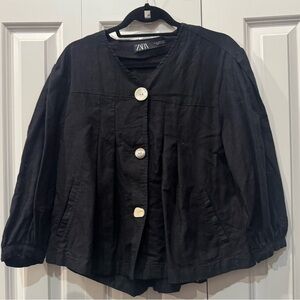 Zara Women's Black Linen Top with White Buttons can be worn as a jacket too.